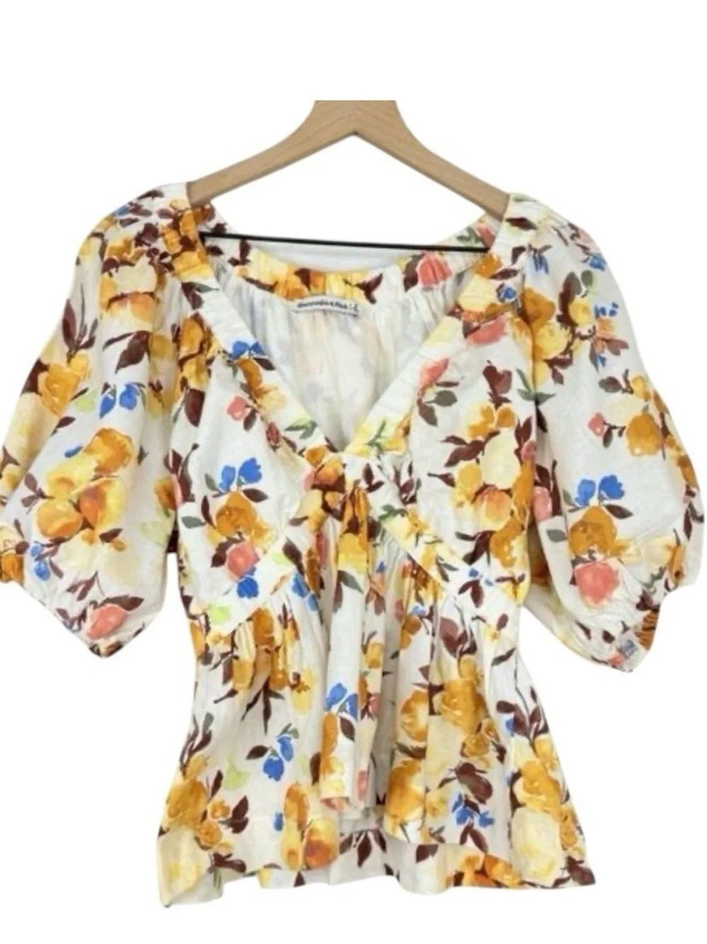 Abercrombie & Fitch Floral Linen Blend Puff Sleeve Peplum Top size Small